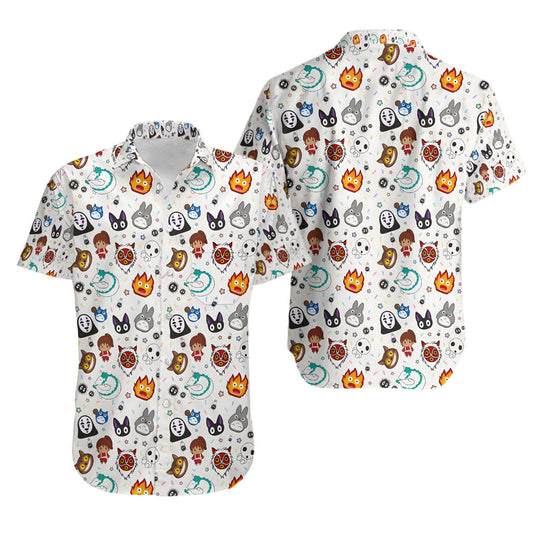 NoClaws Studio Ghibli Hawaii Shirt Chibi Studio Ghibli Characters Face Pattern Hawaiian Shirt White Unisex