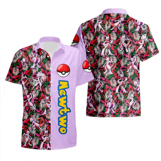 NoClaws Pokemon Hawaii Shirt Pokemon Mewtwo Tropical Forest Pattern Aloha Shirt Pink Unisex