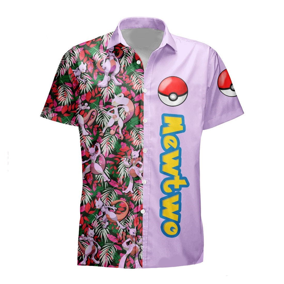 NoClaws Pokemon Hawaii Shirt Pokemon Mewtwo Tropical Forest Pattern Aloha Shirt Pink Unisex