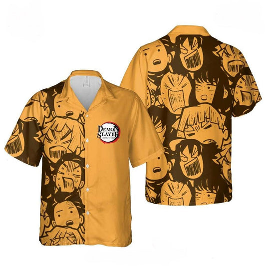NoClaws NoClaws Demon Slayer Hawaii Shirt Zenitsu Tanjiro Inosuke Emotion Pattern Hawaiian Shirt Black Orange Unisex
