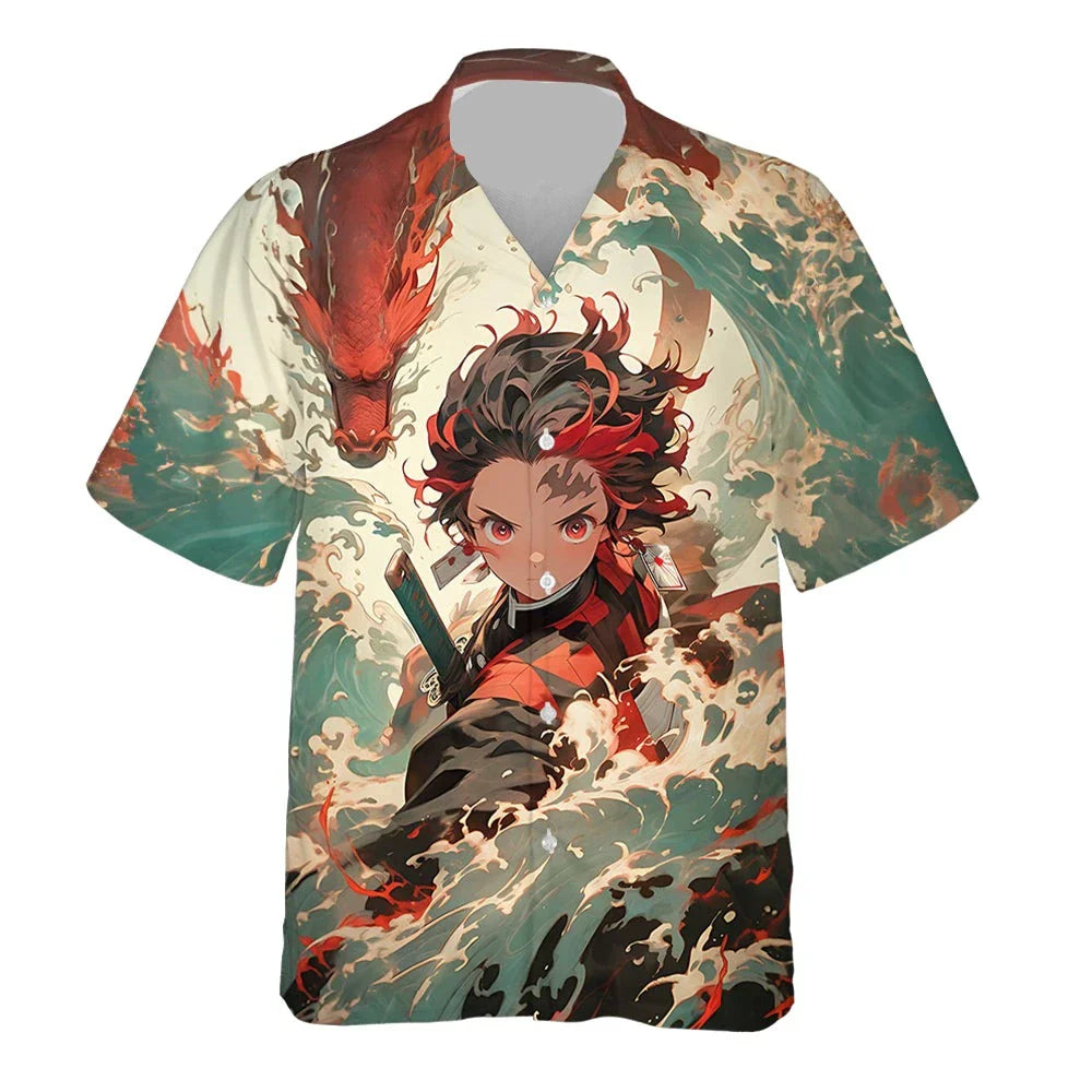 NoClaws NoClaws Demon Slayer Hawaii Shirt Tanjiro Kamado The Dance Of The Fire God Hawaiian Shirt Colorful Unisex