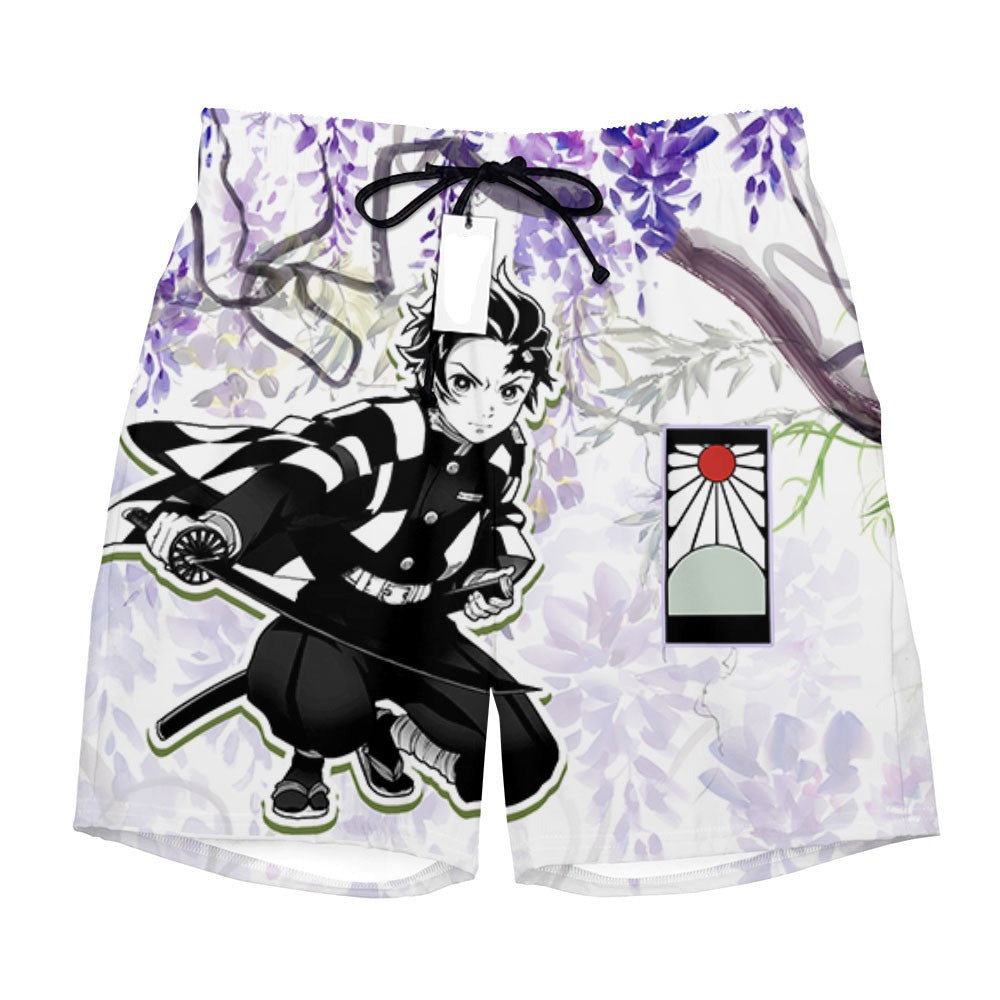 Demon Slayer Shorts Tanjiro Graphic Earring and Wisteria Flower Beach Shorts Black Purple