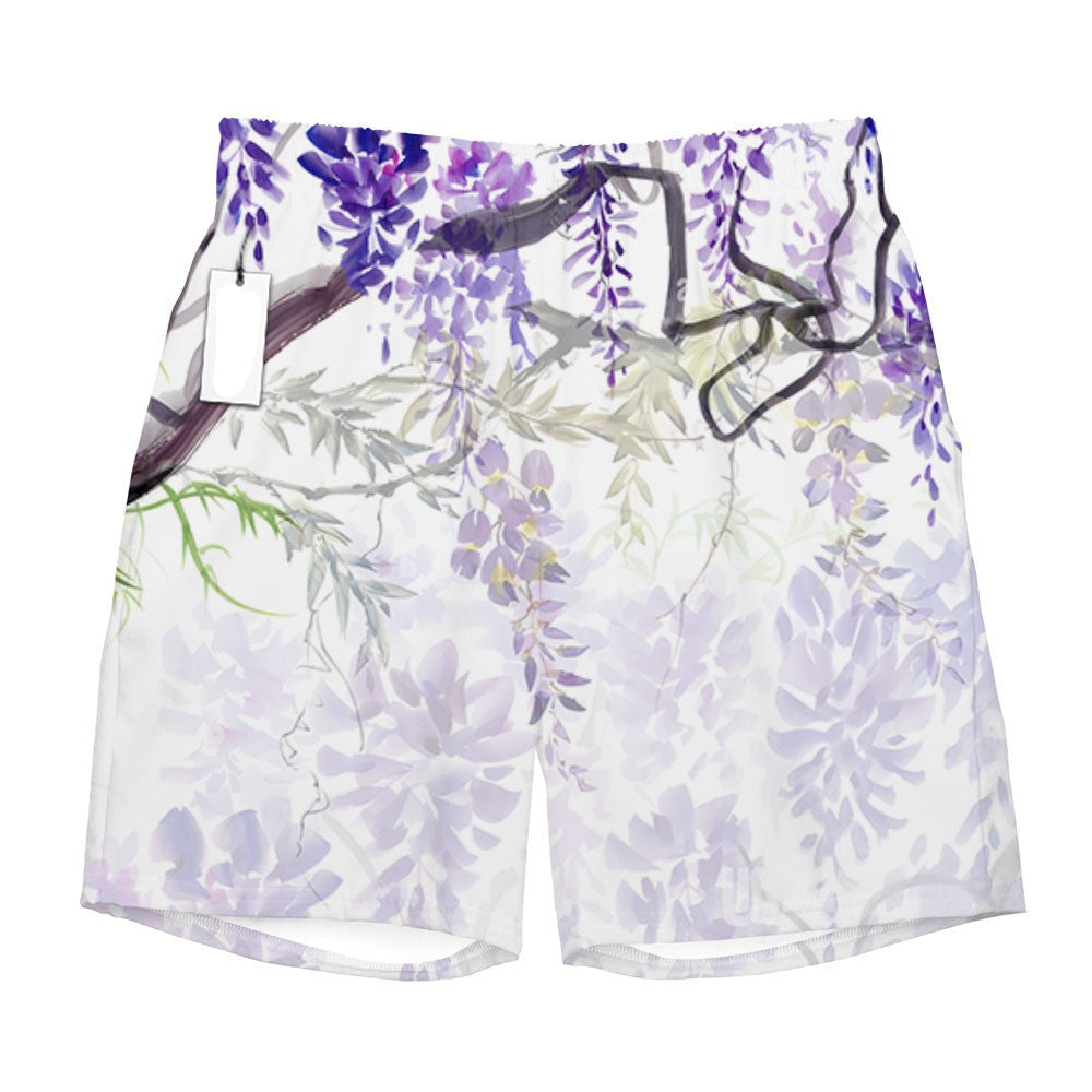 Demon Slayer Shorts Tanjiro Graphic Earring and Wisteria Flower Beach Shorts Black Purple