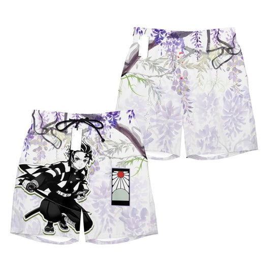 Demon Slayer Shorts Tanjiro Graphic Earring and Wisteria Flower Beach Shorts Black Purple