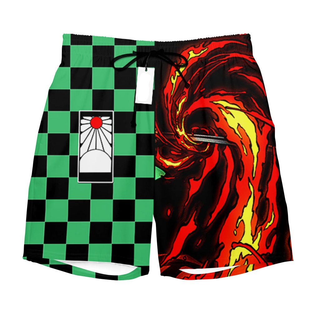 Demon Slayer Shorts Tanjiro Komado Pattern and Fire Breathing Beach Shorts Red Green