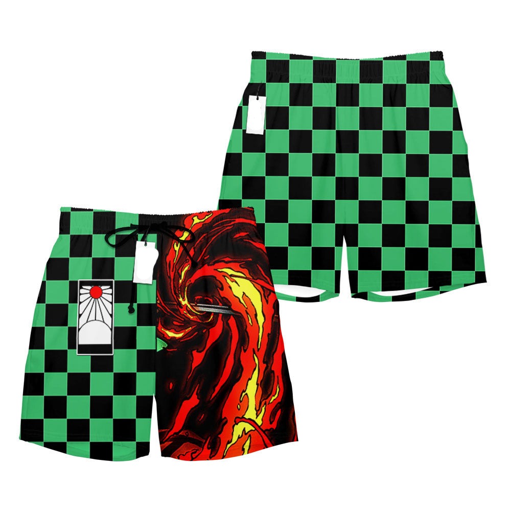 Demon Slayer Shorts Tanjiro Komado Pattern and Fire Breathing Beach Shorts Red Green