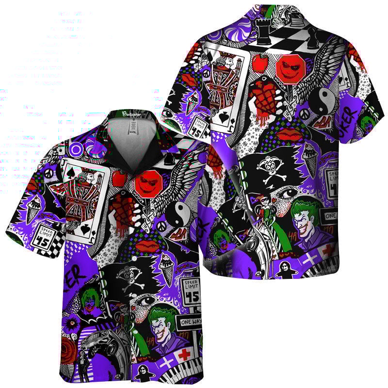 Joker Hawaii Shirt DC Joker Card Graphic Stickers Pattern Hawaiian Shirt Black Purple Unisex