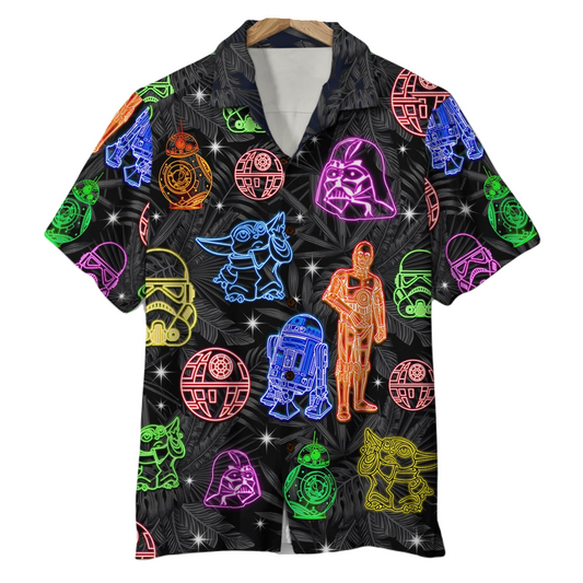 NoClaws Star Wars Hawaii Shirt Darth Vader Droids Death Star Neon Light Hawaiian Shirt Black Unisex