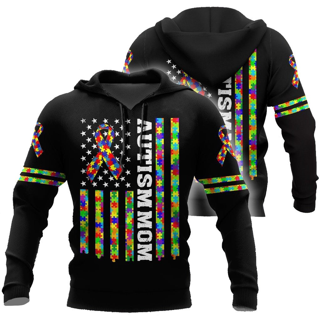 Autism Hoodie Autism Mom American Flag Puzzle Pieces T-shirt Colorful Unisex