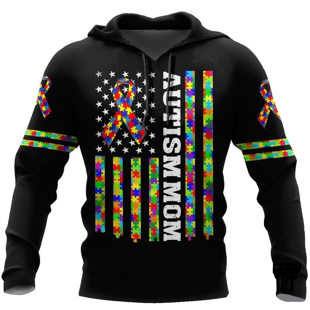Autism Hoodie Autism Mom American Flag Puzzle Pieces T-shirt Colorful Unisex