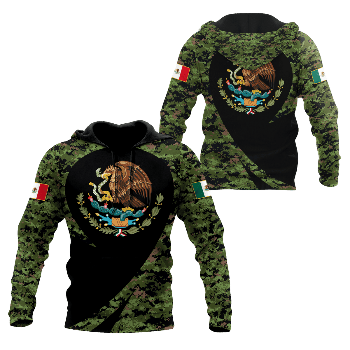 Mexico Hoodie Coat Of Arms Of Mexico Camo Pattern Hoodie Black Green Unisex