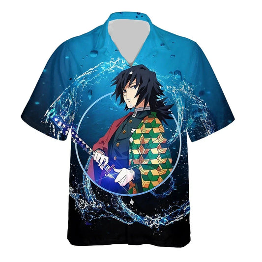 NoClaws NoClaws Demon Slayer Hawaii Shirt Demon Slayer Hashira Tomioka Giyu Graphic Hawaiian Shirt Blue Unisex