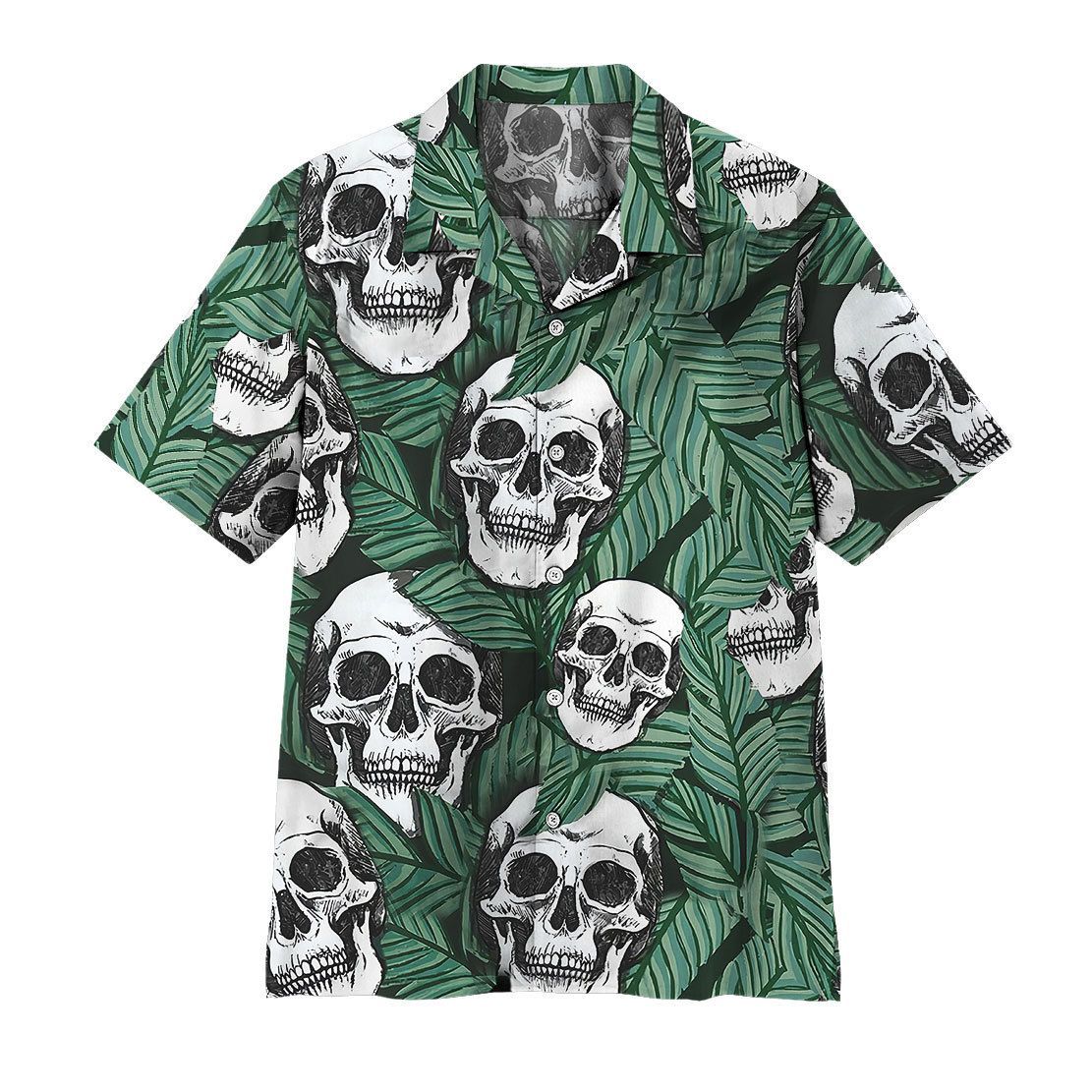 NoClaws Skull Hawaii Shirt Skull Tropical Leaves Pattern Hawaiian Shirt Green White Unisex