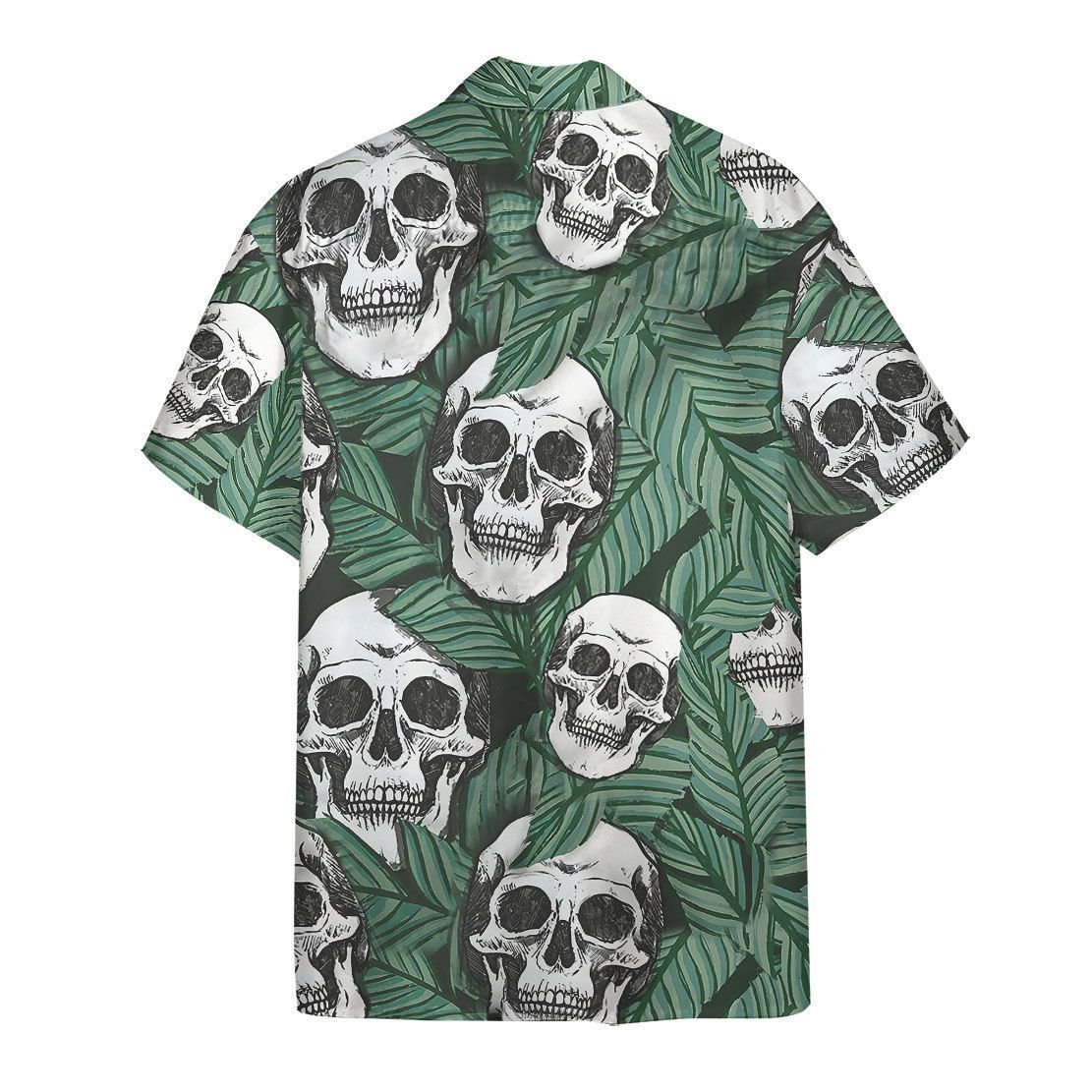 NoClaws Skull Hawaii Shirt Skull Tropical Leaves Pattern Hawaiian Shirt Green White Unisex