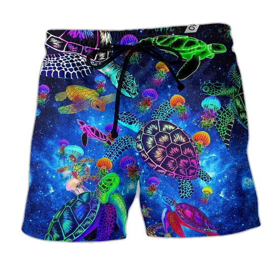 Turtle Shorts Glowing Turtle and Jellyfish in Space Beach Shorts Colorful