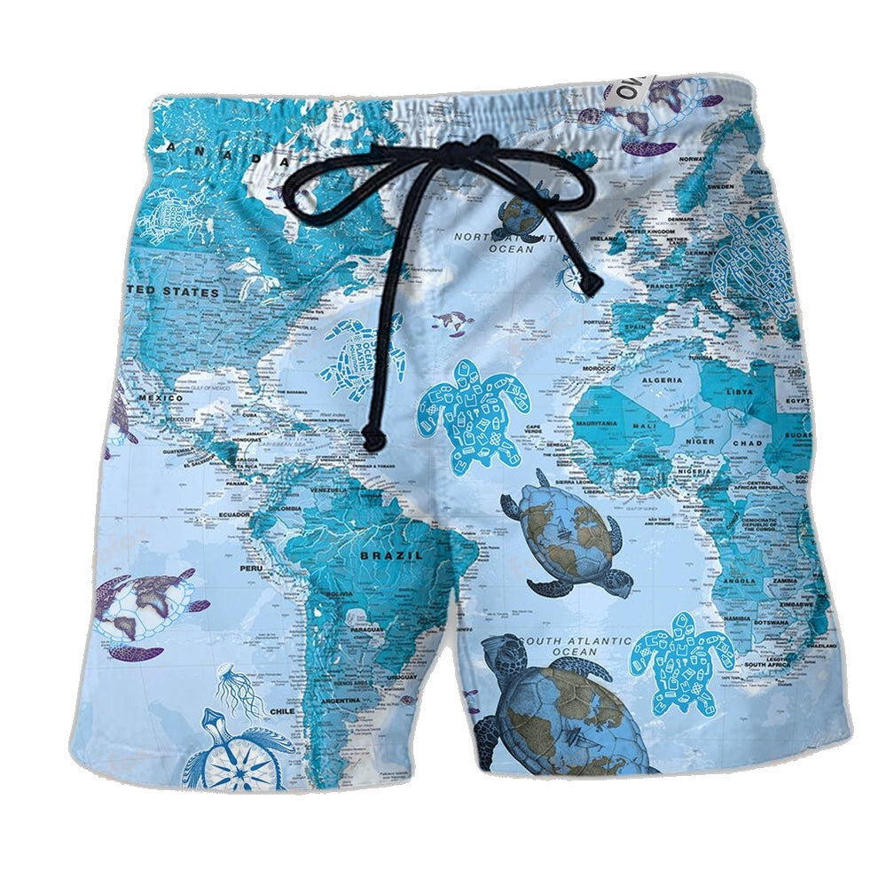 Turtle Shorts Turtle on World Map Beach Shorts Blue
