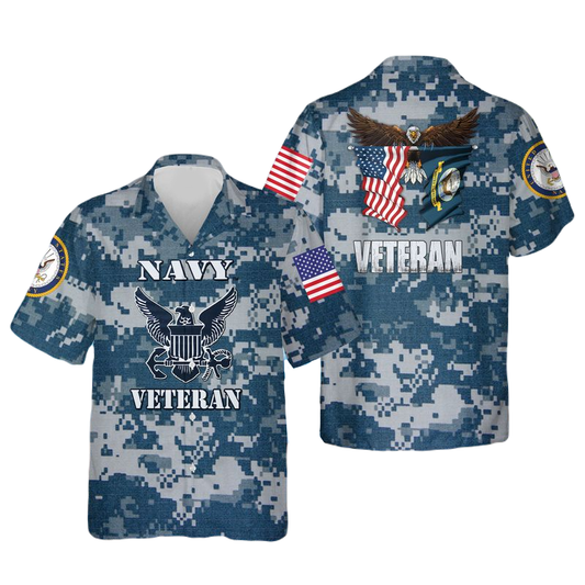 NoClaws Veteran Hawaii Shirt US Navy Veteran Eagle Flag Aloha Shirt Navy Unisex
