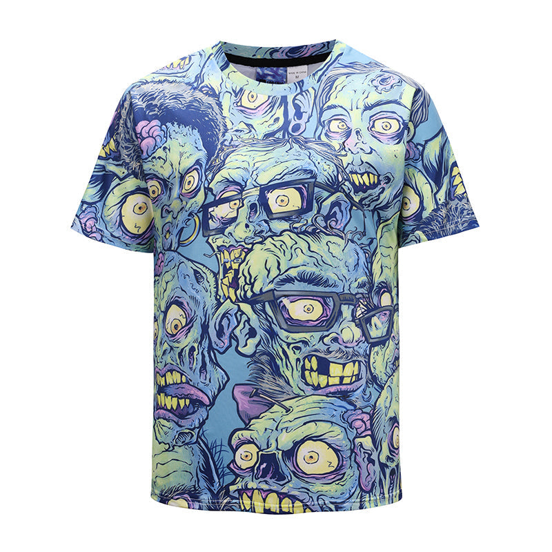 Zombie T-shirt Glasses Zombie Doodle Pattern T-shirt Blue Unisex