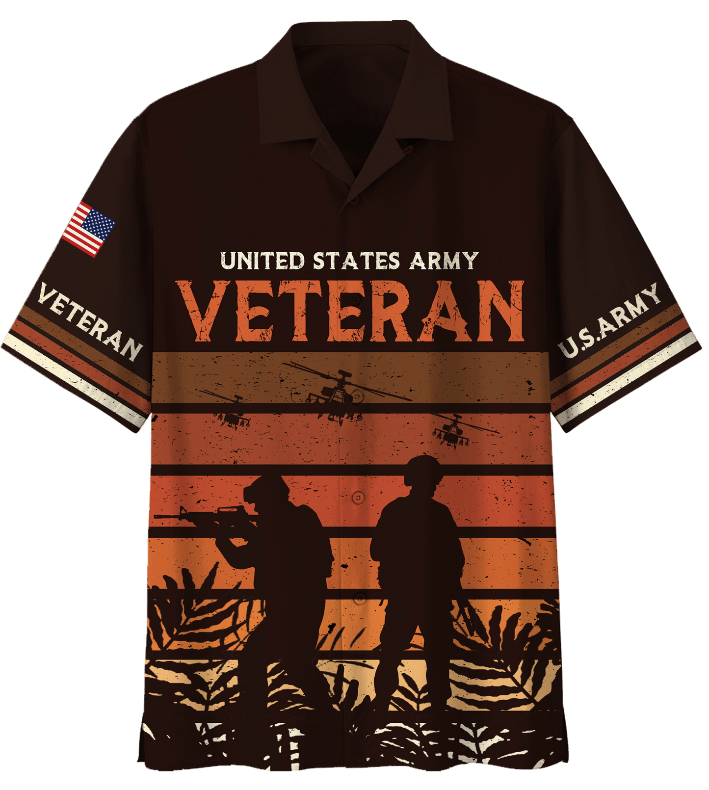 NoClaws Veteran Hawaii Shirt Vintage US Army Veteran Soldier Silhouette Hawaiian Shirt Brown Unisex