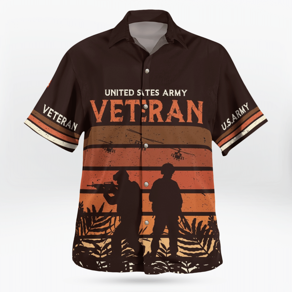 NoClaws Veteran Hawaii Shirt Vintage US Army Veteran Soldier Silhouette Hawaiian Shirt Brown Unisex