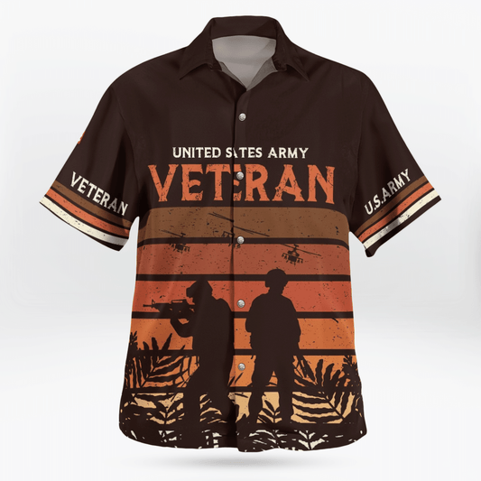 NoClaws Veteran Hawaii Shirt Vintage US Army Veteran Soldier Silhouette Hawaiian Shirt Brown Unisex