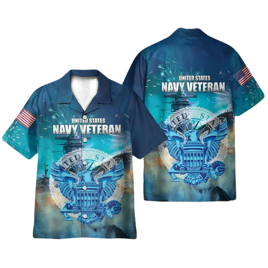 NoClaws Veteran Hawaii Shirt United States Navy Veteran Symbol Ship Graphic Hawaiian Shirt Blue Unisex