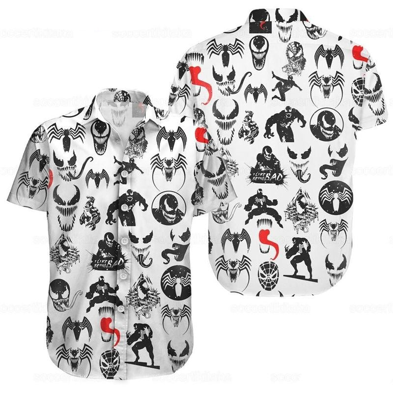 Venom Hawaii Shirt Disney Venom Symbol Stitcker Pattern Hawaiian Shirt White Black Unisex