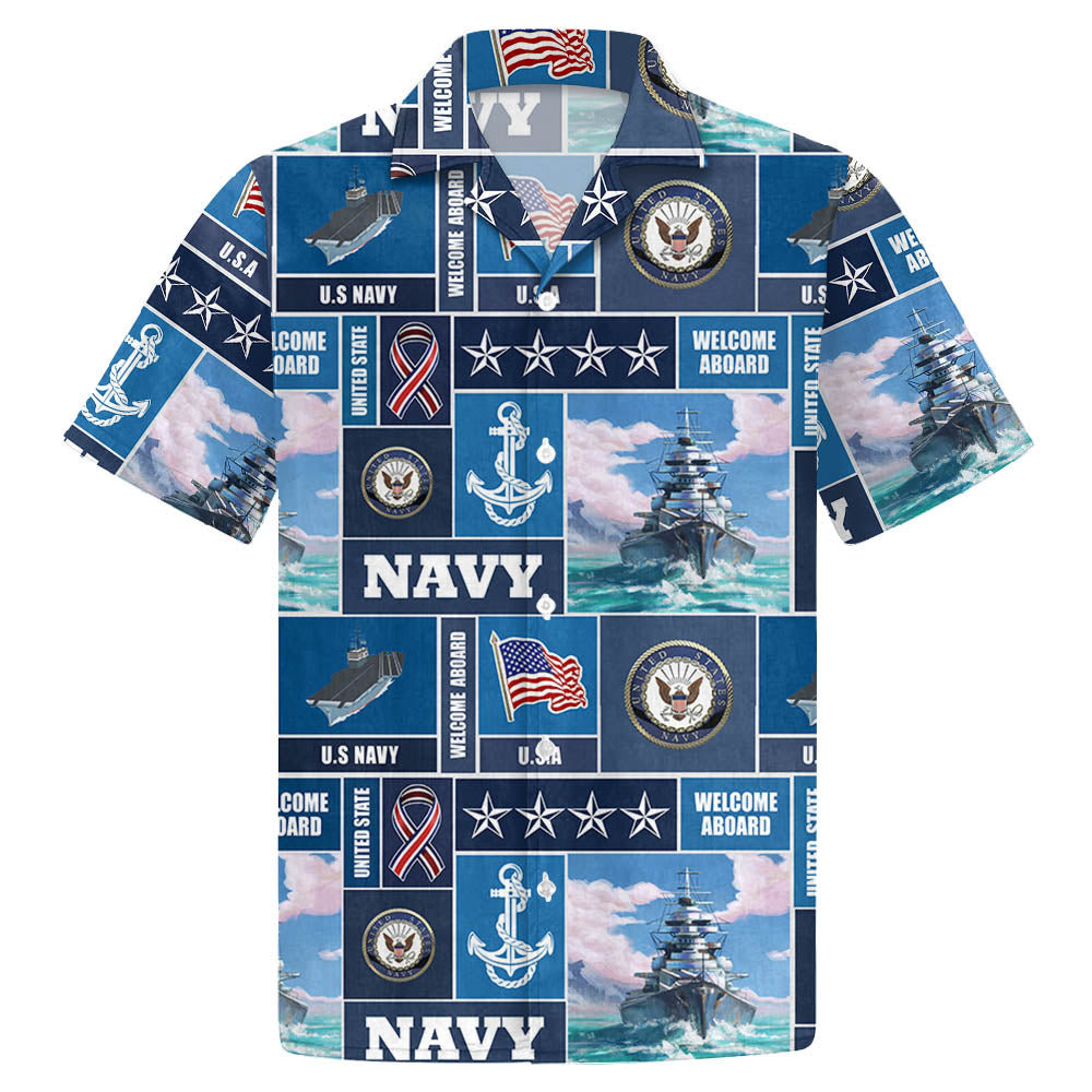 NoClaws Veteran Hawaii Shirt Welcome Aboard US Navy Aloha Shirt Blue Unisex