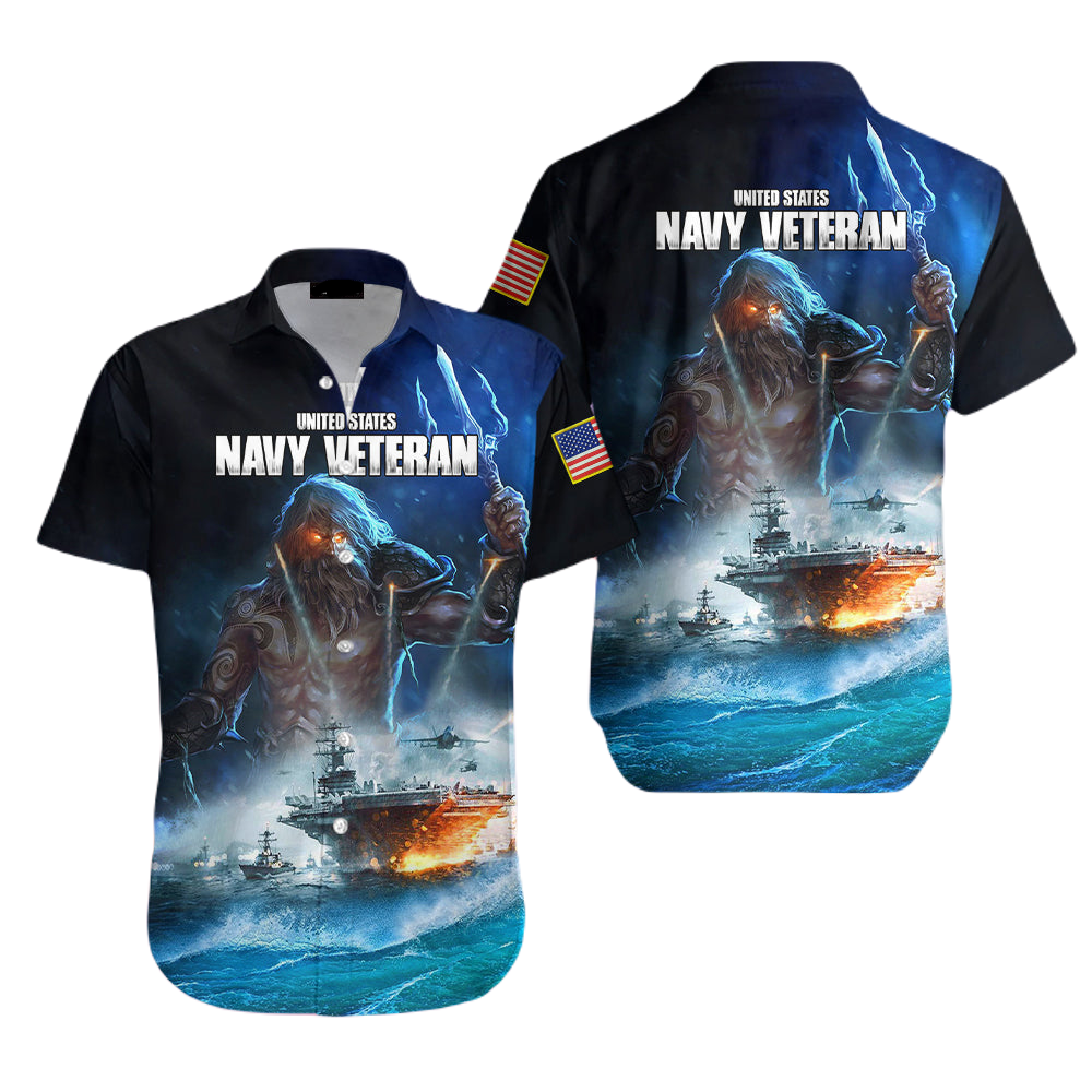 NoClaws Veteran Hawaii Shirt US Navy Veteran Poseidon Graphic Hawaiian Shirt Blue Unisex