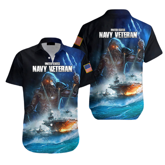 NoClaws Veteran Hawaii Shirt US Navy Veteran Poseidon Graphic Hawaiian Shirt Blue Unisex
