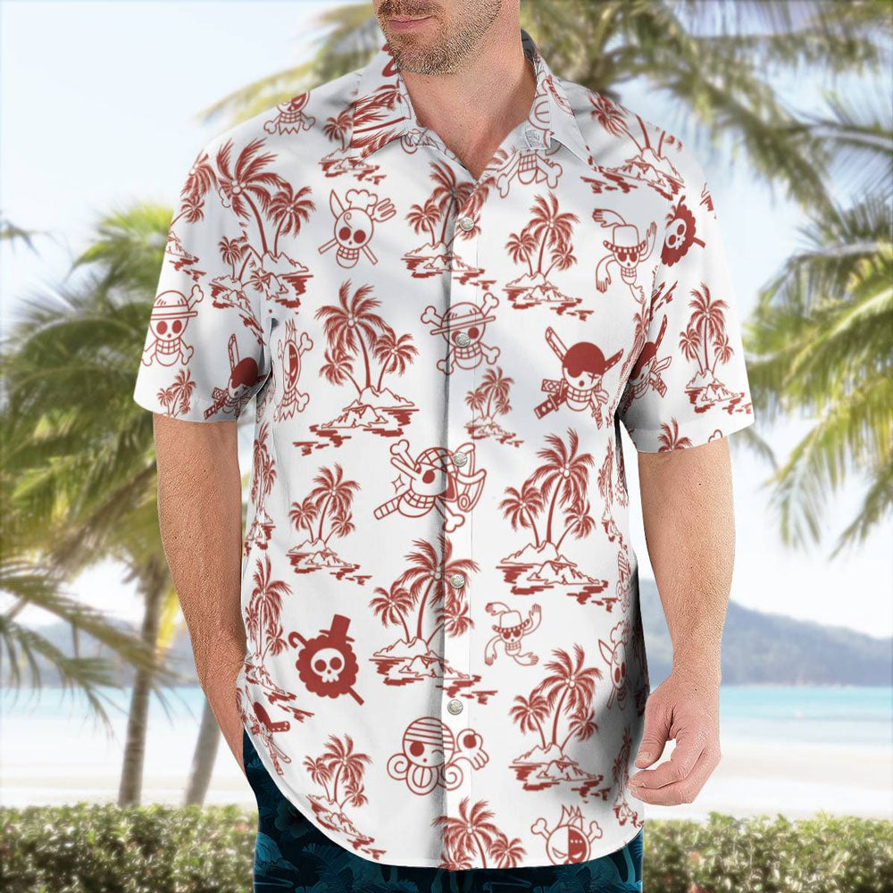 White One Piece Hawaiian Shirt Pattern Jolly Roger For Sale | One Piece Universe Store