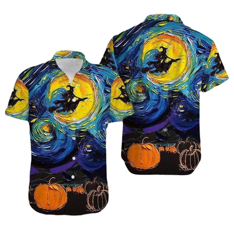 NoClaws Halloween Hawaii Shirt Witches Halloween Starry Night Hawaiian Shirt Blue Yellow Unisex