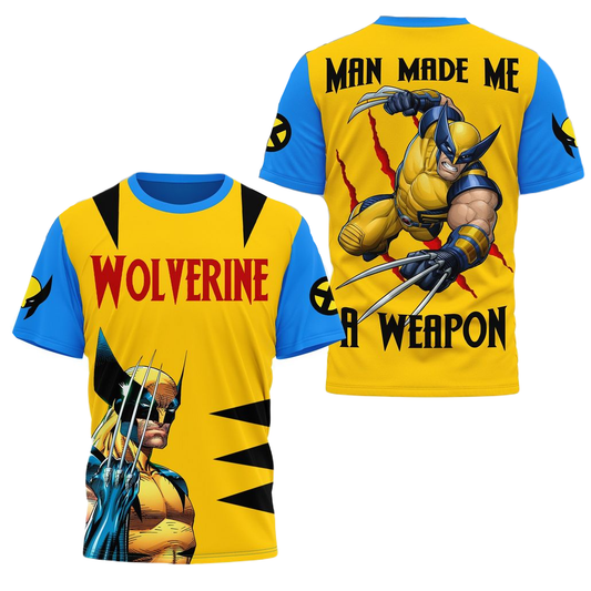 Wolverine T-shirt MV Man Made Me A Weapon T-shirt Yellow Blue Unisex