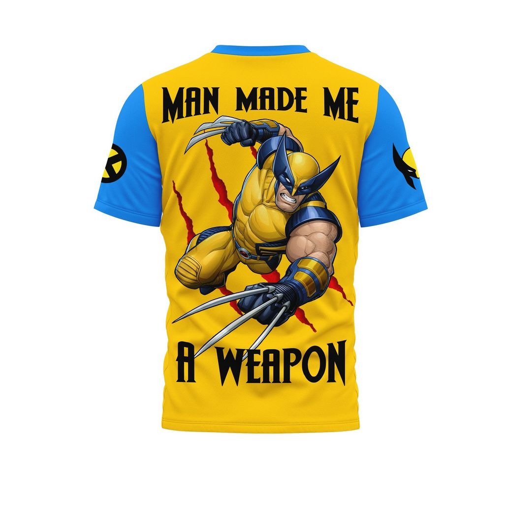 Wolverine T-shirt MV Man Made Me A Weapon T-shirt Yellow Blue Unisex