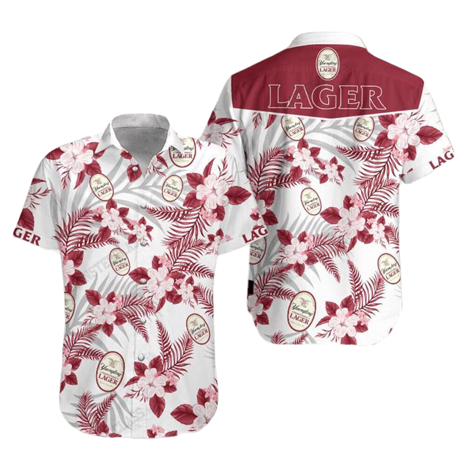 NoClaws Yuengling Hawaii Shirt Yuengling Lager Hibiscus Flower Pattern Hawaiian Shirt White Red Unisex