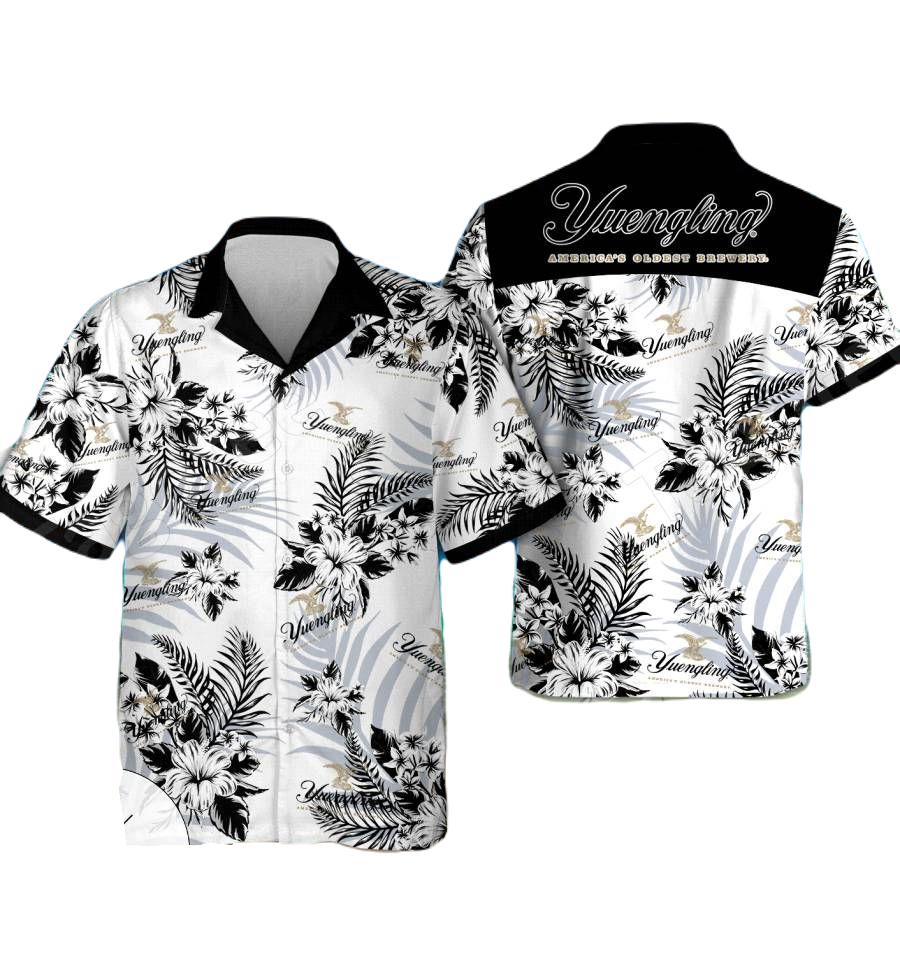 NoClaws Yuengling Hawaii Shirt Yuengling Symbol Hibiscus Flower Pattern Hawaiian Shirt Black White Unisex