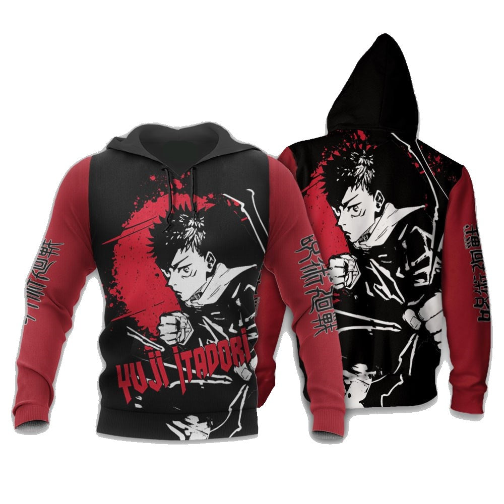 Jujutsu Kaisen Hoodie Jujutsu Kaisen Yuji Itadori Graphic Hoodie Black Red Unisex