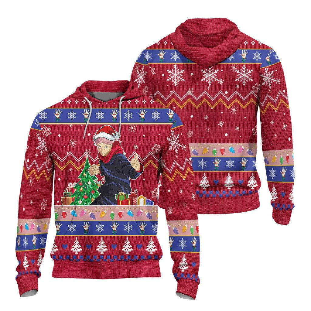 Jujutsu Kaisen Hoodie Yuji Itadori Fighting Christmas Pattern Hoodie Red Unisex