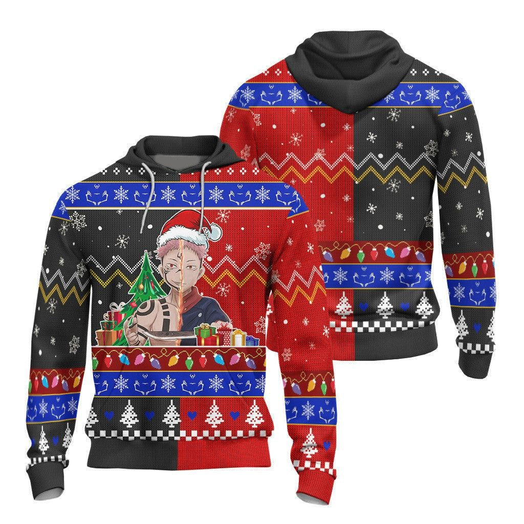 Jujutsu Kaisen Hoodie Yuji And Sukuna Half Face Christmas Pattern Hoodie Red Black Unisex