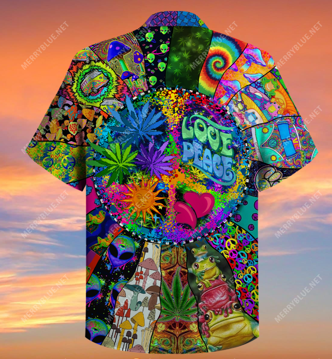  Hippie Hawaiian Shirt Love Peace Hippie Mushroom Alien Symbols Hawaii Aloha Shirt