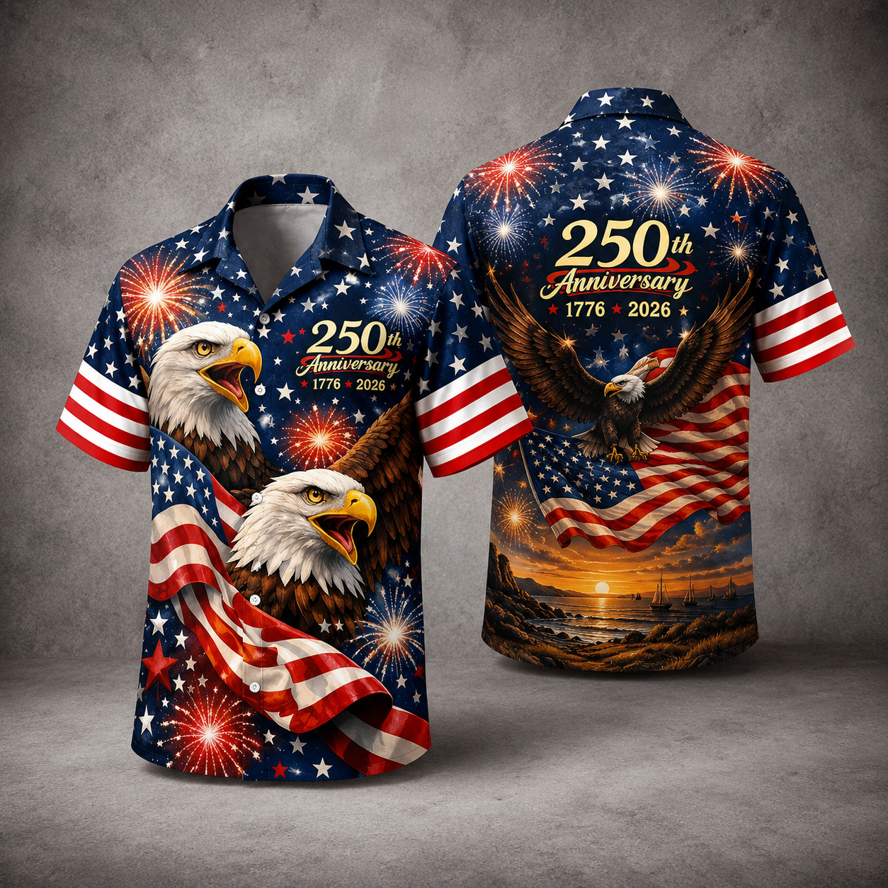 250th Anniversary Hawaiian Shirt Patriotic Eagle Fireworks USA Gift