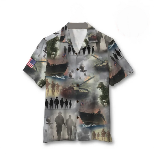 NoClaws Veteran Hawaii Shirt Veteran Battlefield Tank Soldier Pattern Hawaiian Shirt Gray Unisex