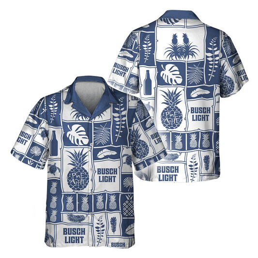 NoClaws Busch Light Hawaii Shirt Tropical Pineapples Leaves Busch Light Aloha Shirt White Blue Unisex Adults New Release