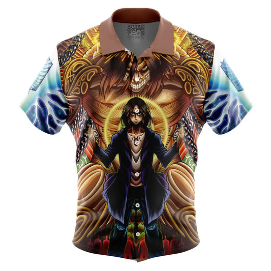 Trippy Eren Yeager Timeskip Attack on Titan Button Up Hawaiian Shirt