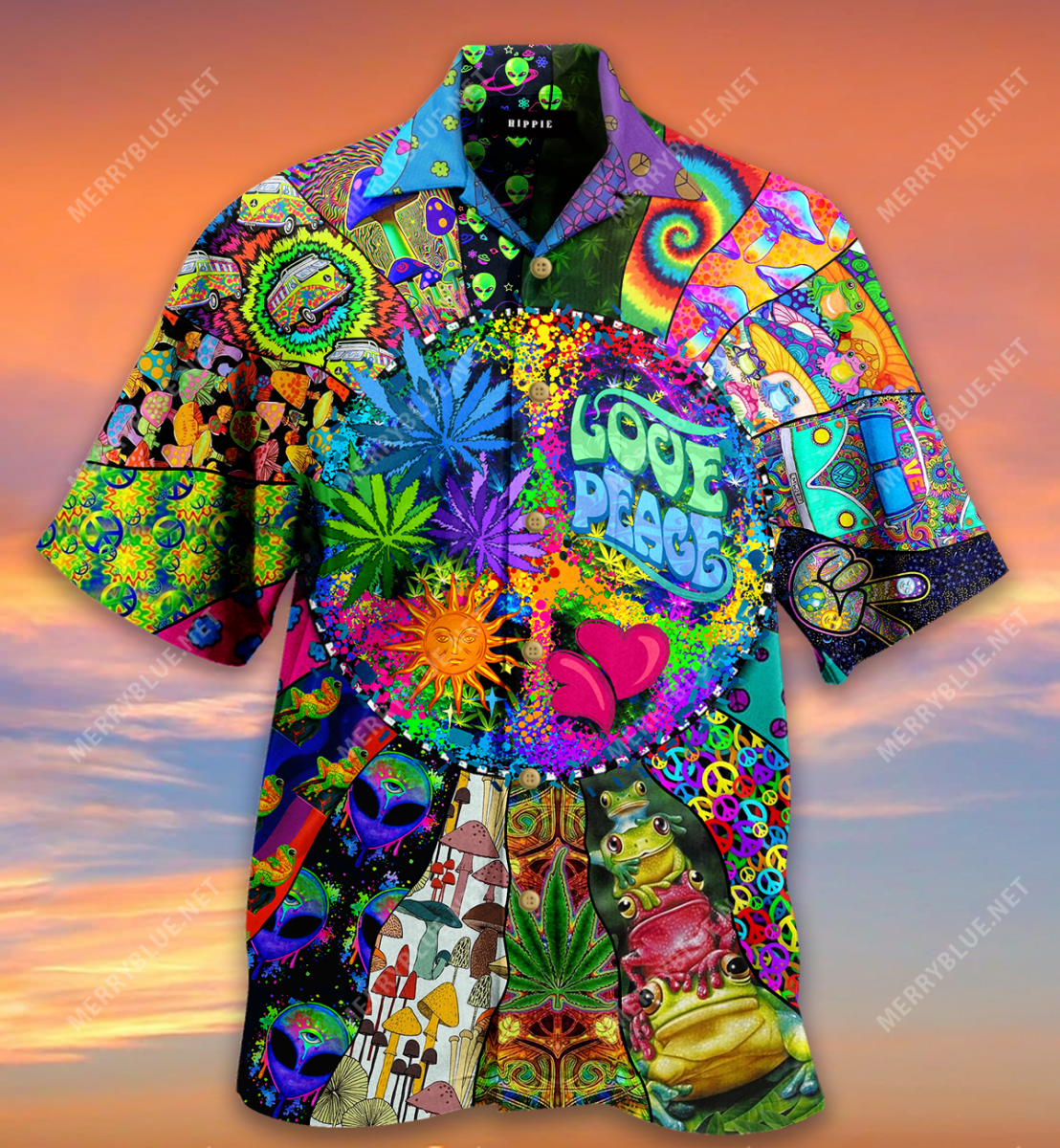  Hippie Hawaiian Shirt Love Peace Hippie Mushroom Alien Symbols Hawaii Aloha Shirt