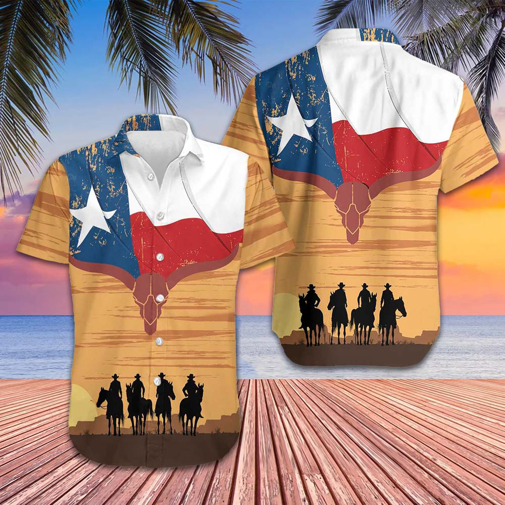 Cowboy Texas Flag Hawaiian Shirt Men's Button Up Shirts Summer Gifts For Texans - Tazila