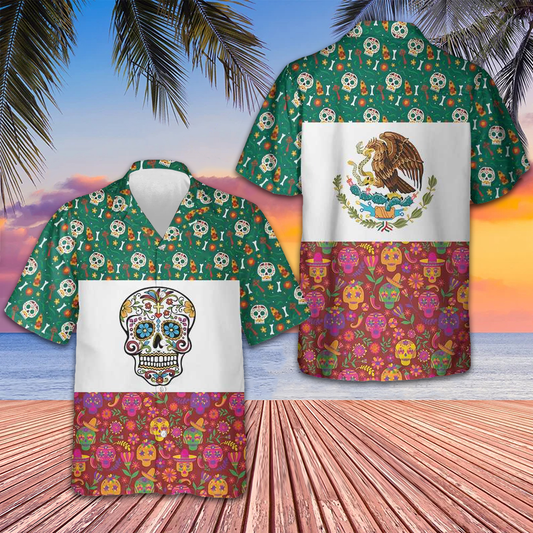Mexico Flag Dia De Los Muertos Sugar Skull Hawaiian Shirt Day Of The Dead Shirt For Mexican - Tazila