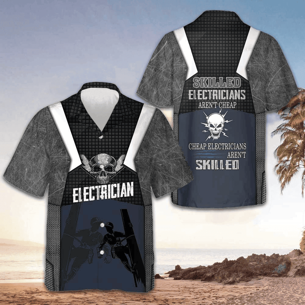 Skilled Electricians Skull Hawaiian Shirt Short Sleeve Button Up Gifts For Electricians - Tazila