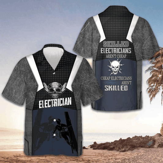 Skilled Electricians Skull Hawaiian Shirt Short Sleeve Button Up Gifts For Electricians - Tazila