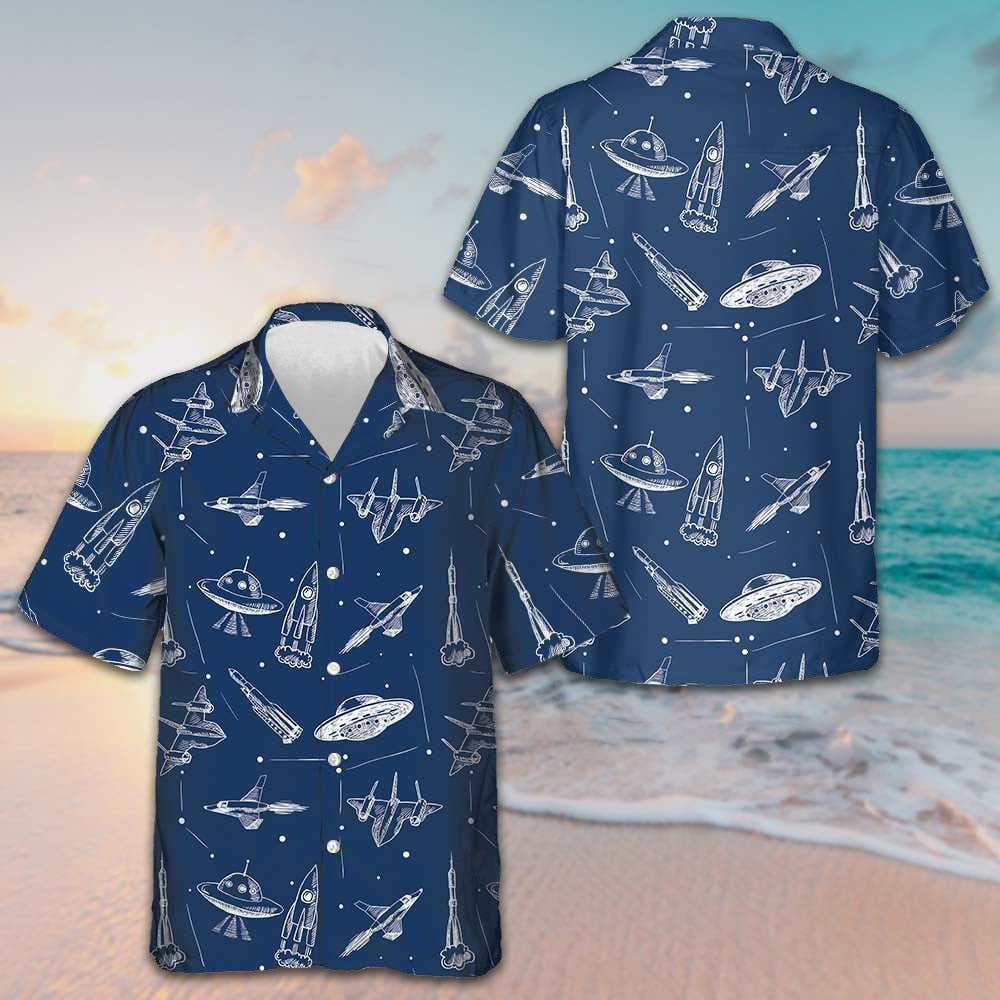 Space Aircraft Seamless Pattern Hawaiian Shirt Navy Aircraft Aviation Shirt Gift For Men - Tazila